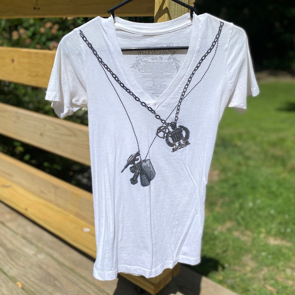 Women's White V-Neck Short Sleeve Tee with Necklace Graphic